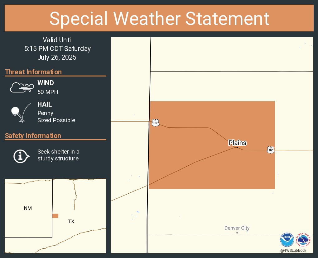NWSLubbock's tweet image. A special weather statement has been issued for Plains TX until 5:15 PM CDT