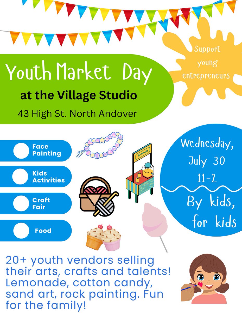 Sharing for the Village Studio ➡️ Please join the Village Studio on Wednesday, July 30th at 43 High St. for Youth Market Day.  Shop for crafts from local youth entrepreneurs, get your face painted, kids activities including sand art and rock painting, lemonade and cotton candy!