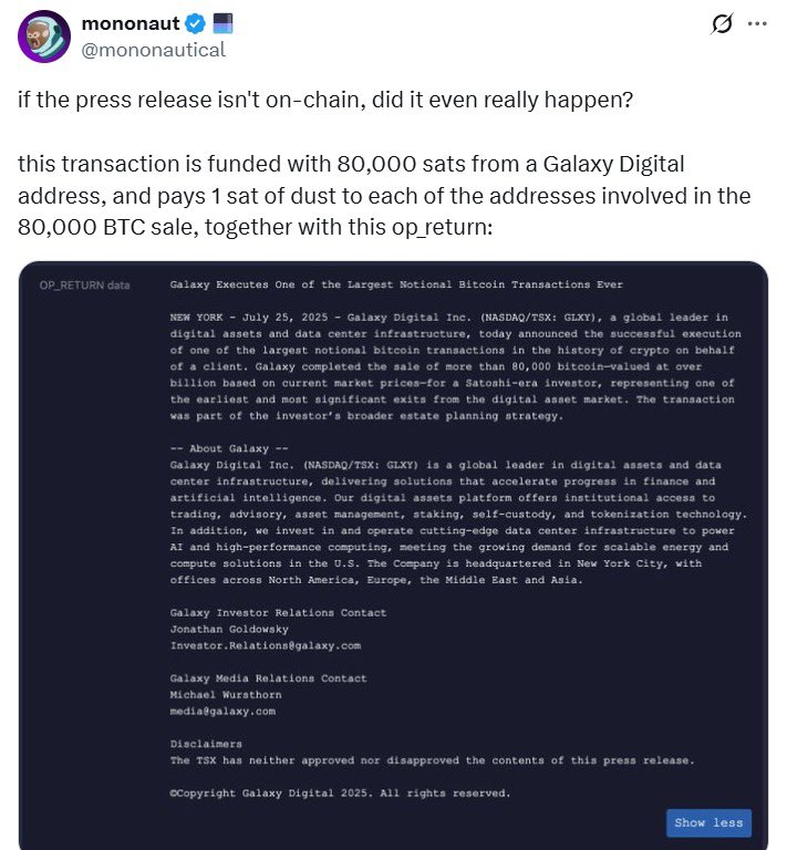 yar1kee's tweet photo. $9B in #Bitcoin Sold—One of the
Largest Ever
#GalaxyDigital just moved 80,000
$BTC for a long-term holder linked to pre-2011 wallets—possibly tied to the defunct #MyBitcoin exchange.
Theories:
Hacked funds from 2011?
Founder cashing out for estate planning?
#BTC dipped below $115K but quickly rebounded to $117K+-market stayed strong.
One of crypto's biggest exits ever-but no panic.