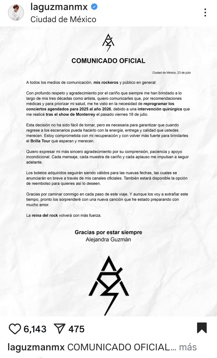 zarateaz1's tweet image. Razones de salud retiran temporalmente de los escenarios a la cantante Alejandra Guzmán.
En lo que resta del año se dedicará a cuidar su salud, recomendación médica después de la operación que le hicieron el pasado 18 de julio.