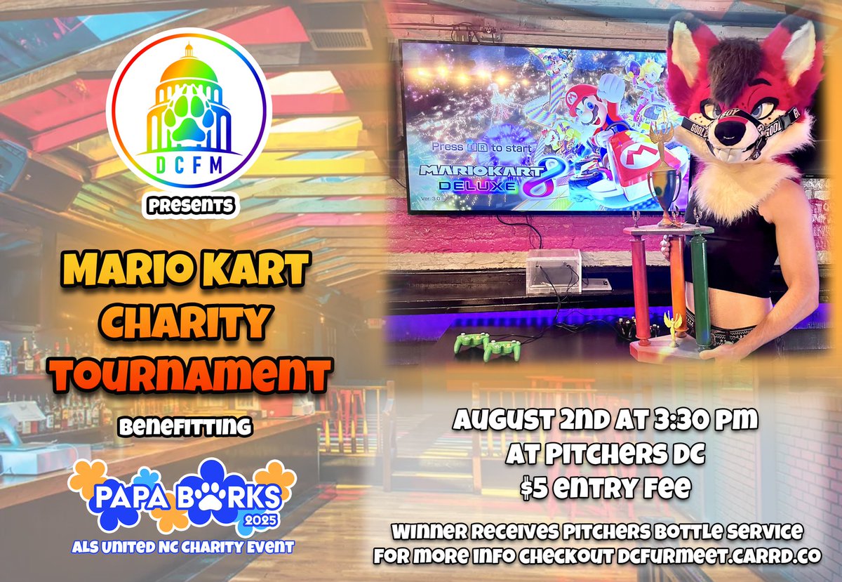 dcfurmeet's tweet image. Get ready for an EPIC Mario Kart Charity Tournament NEXT Saturday, August 2nd at DC Fur Meet! For just a $5 entry fee, all proceeds benefit ALS charity via @PapaBarksALS ! The champion wins EXCLUSIVE bottle service at the Winners Table - don’t miss out!