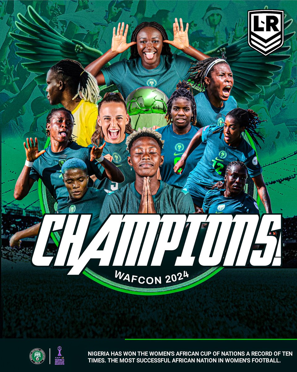 LeaguesReporter's tweet image. For the 10th time, the Super Falcons of Nigeria are the champions of Africa.
They came back from 2-0 down to claim their birthright.
They are the most successful female football team in Africa's history 👏
#WAFCON2024 #MONNGA