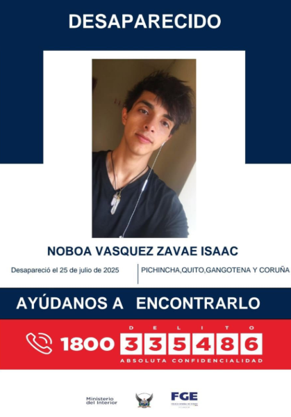 EcEnDirecto's tweet image. #ATENCIÓN
Isaac Noboa Vásquez Zavae está desaparecido desde el 25 de julio de 2025, cuando fue visto por última vez en el sector de La Floresta, al norte del centro de Quito. Cualquier información sobre su paradero debe ser reportada al número 1800 (335486).