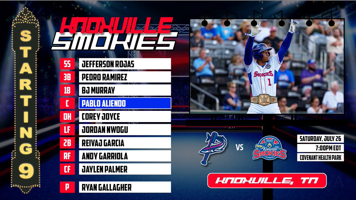 smokiesbaseball's tweet photo. The lineup is set and the ring is ready!
📍: Knoxville, TN
🎟️: https://t.co/dN7fvvXuN6
🖥️: #BallyLive https://t.co/aMpepp5yJj
📻: https://t.co/PMNH4uCWaG https://t.co/2sR5LUvcLO