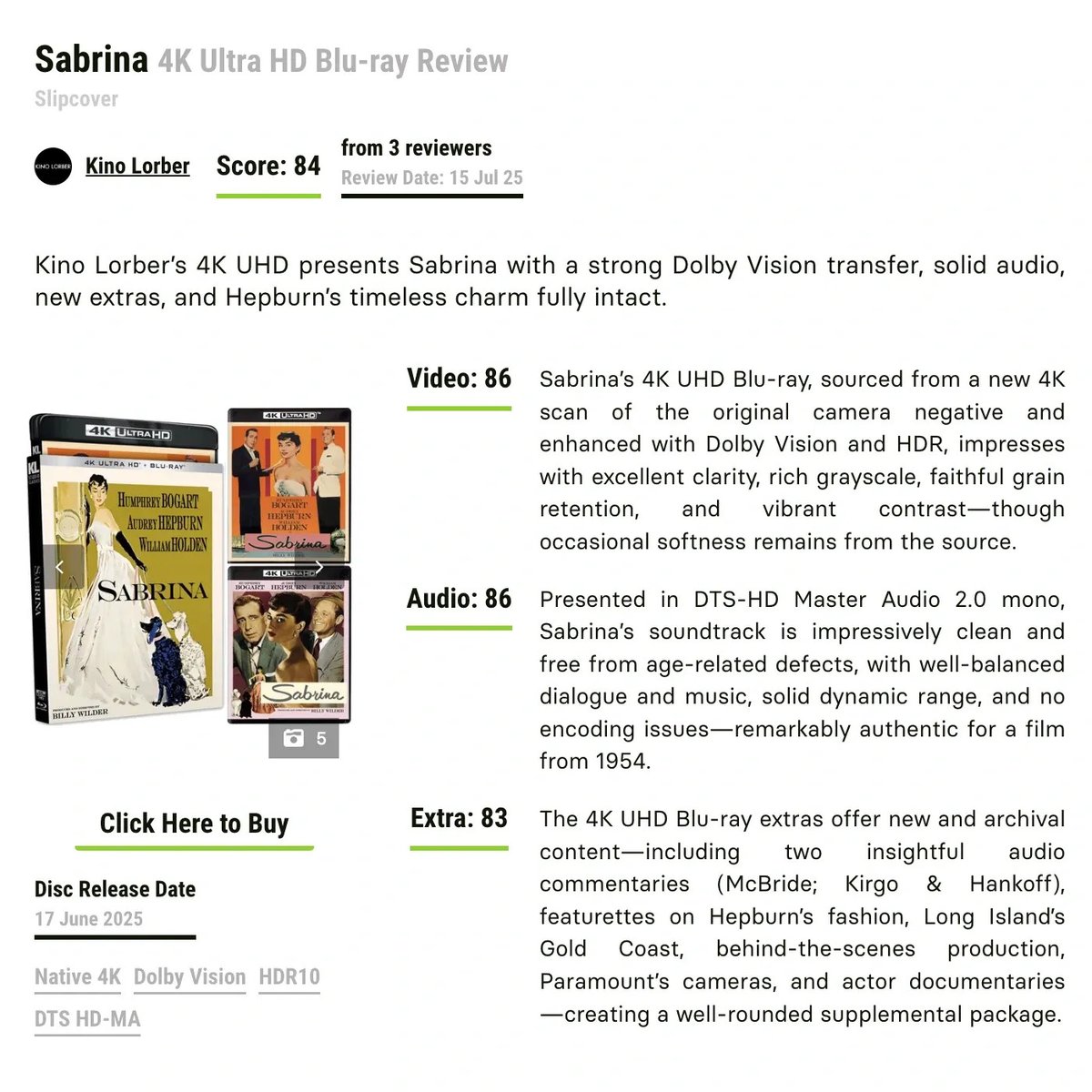 mightychroma's tweet image. 🎬 "Sabrina" on 4K Blu-ray from Kino Lorber! 💃🏻
Watch Audrey Hepburn and Humphrey Bogart shine with a brand-new scan from the 35mm neg + Dolby Vision.
Extras include commentaries, a doc and a flood of fascinating featurettes!
Buy here!
bit.ly/45beQLL
#ClassicFilm