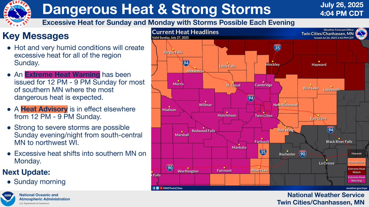 NWSTwinCities's tweet photo. Dangerous heat expected Sunday as heat indices will rise to 100-110 for most of the area. An Extreme Heat Warning is in effect for most of our MN counties with a Heat Advisory elsewhere. Severe storms are also possible late Sunday. More heat &amp; storms possible Monday. #mnwx #wiwx https://t.co/PCqwQ0X03u