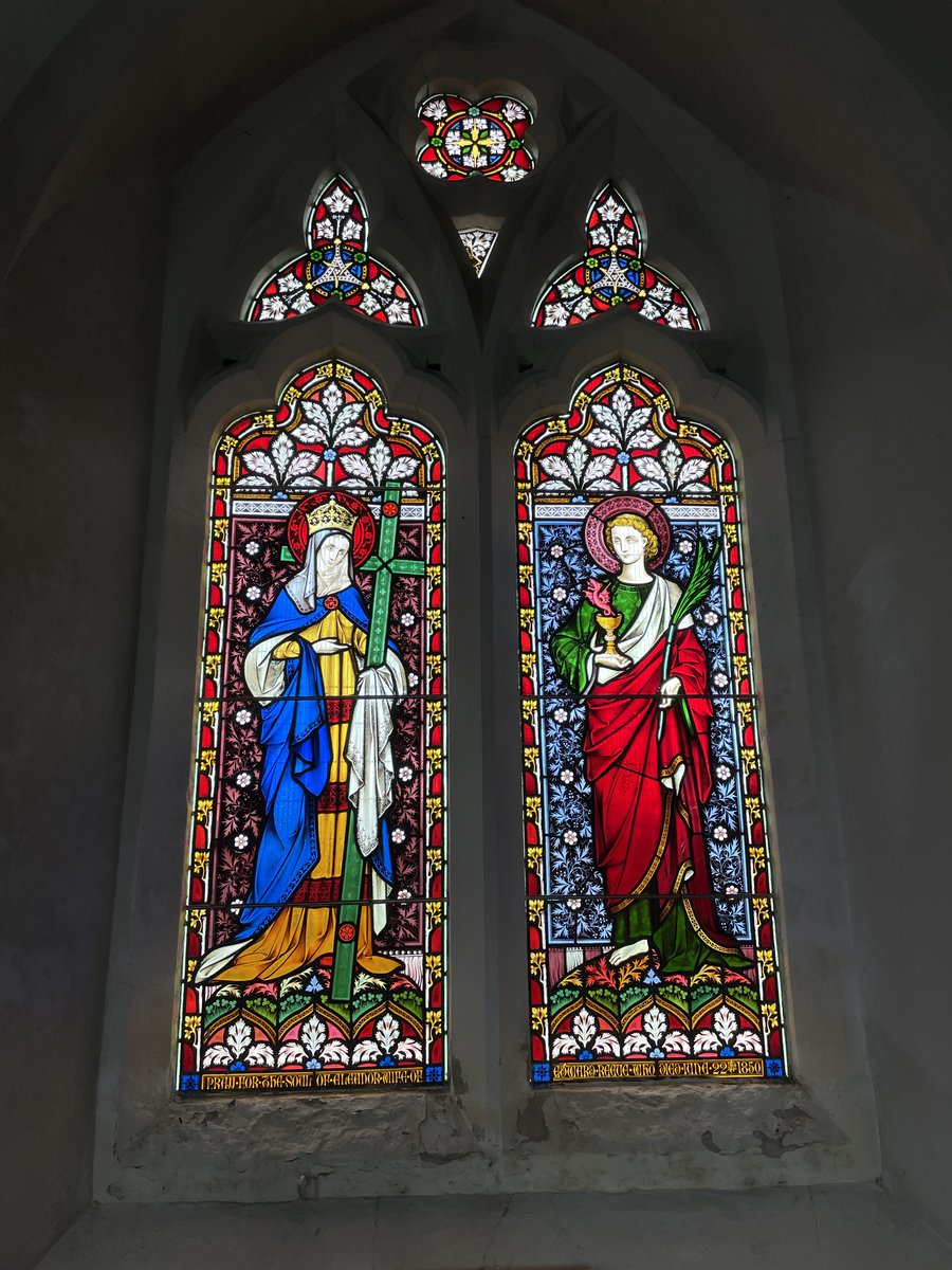 MeredithCatrin's tweet image. V drawn to the greens in this Hardman window at RC church of Ss Peter, Paul & Elizabeth @Coughton_Court, not to mention St John's tiny dragon! #StainedGlassSunday