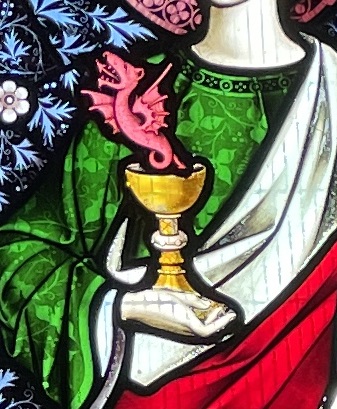 MeredithCatrin's tweet image. V drawn to the greens in this Hardman window at RC church of Ss Peter, Paul & Elizabeth @Coughton_Court, not to mention St John's tiny dragon! #StainedGlassSunday
