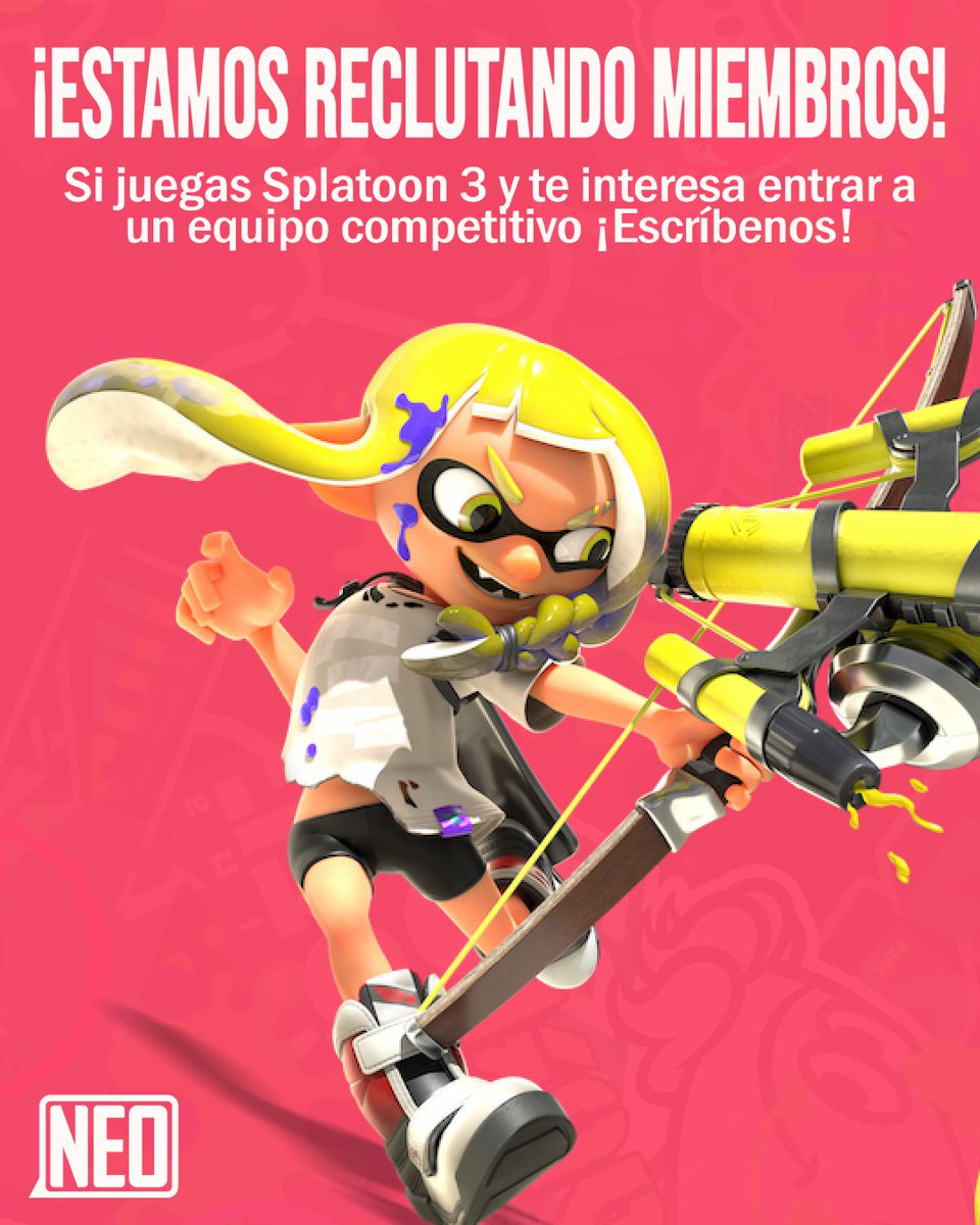 ¡Estamos buscando jugadores para nuestro equipo de Splatoon 3!

No hay limitantes de nivel o rango, y aseguramos un coach de nivel alto para todo el equipo.

¡Si te interesa, escríbenos al interno!