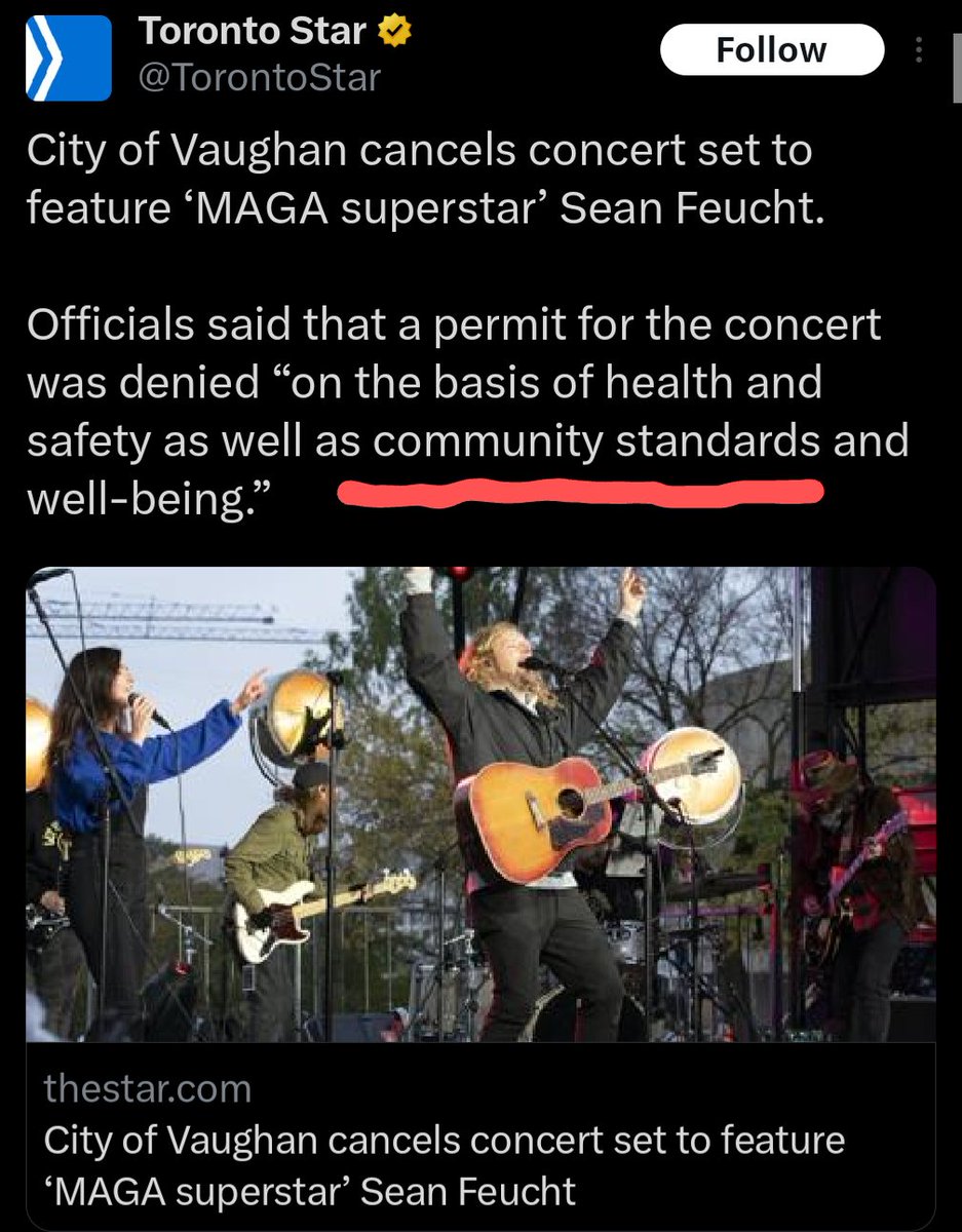 Supporting Trump goes against "community standards" in Vaughan Ontario

If you support MAGA they will have venues shutdown your Christian evangelical concerts

Canada is such a childish and unserious country 

Stuff like this makes me so embarrassed to tell people i'm Canadian