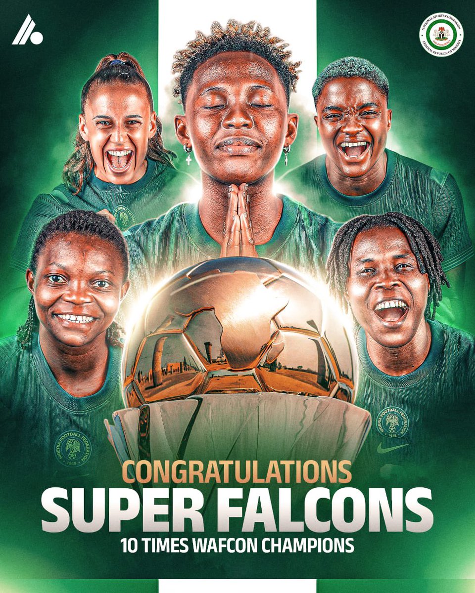 NatSportsComm's tweet image. ✅🏆 MISSION X: ACCOMPLISHED
Nigeria’s Super Falcons have done it again, defeating Morocco 3-2 in the final to claim a record 10th Women’s Africa Cup of Nations title.
The entire National Sports Commission, Nigeria Football Federation, and millions of proud Nigerians salute…