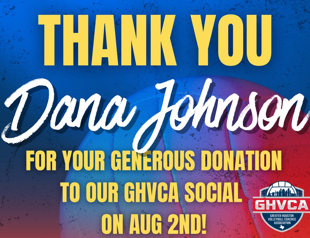 We are currently ✨one week✨ away from our GHVCA Social, and we would like to give a huge shout out to Dana Johnson for donating to it! Houston-area volleyball coaches, I hope you are ready to unwind after the start on VB Season!! 🏐❤️