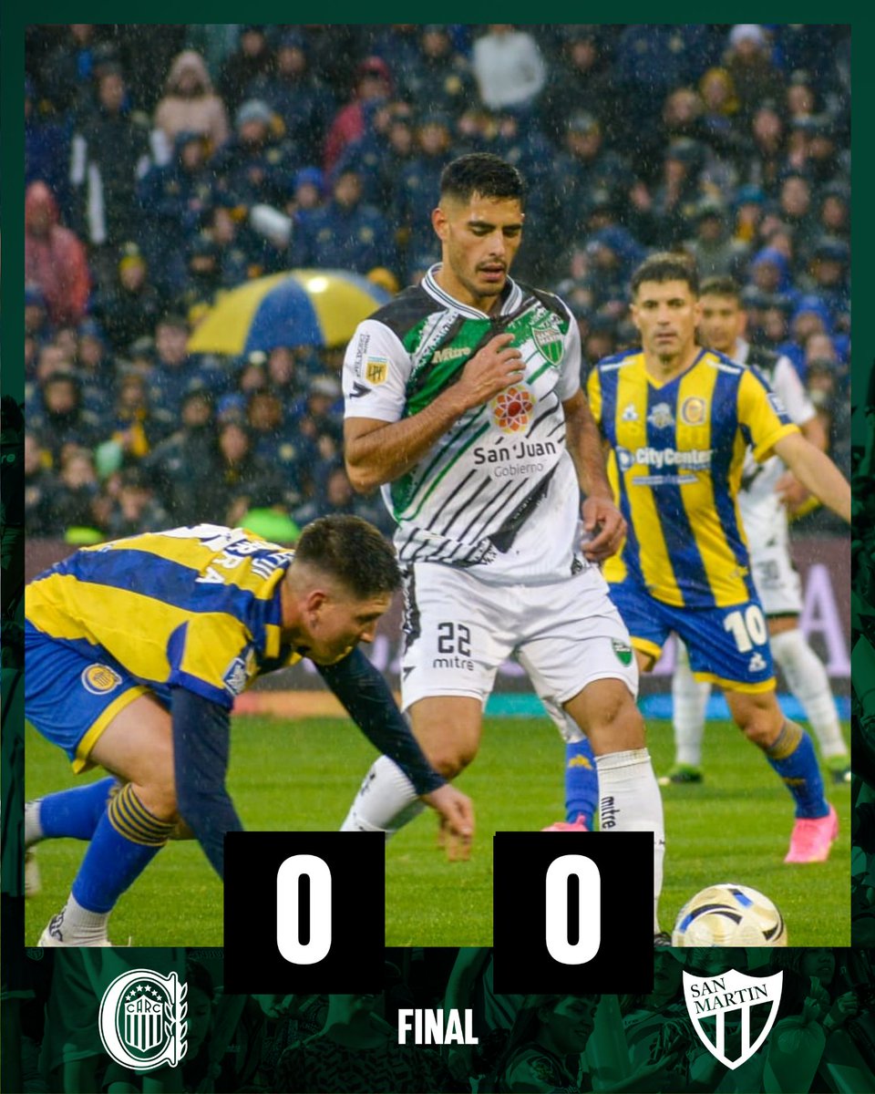 CASanMartinSJ's tweet photo. Torneo Betano Clausura 

Final en Rosario, bajo una intensa lluvia fue empate sin goles. 

#RosarioCentral 0 - #SanMartín 0. 

#VamosLosSantos
#VamosVerdinegro 🟢⚫ https://t.co/Bkhc4lsM0q