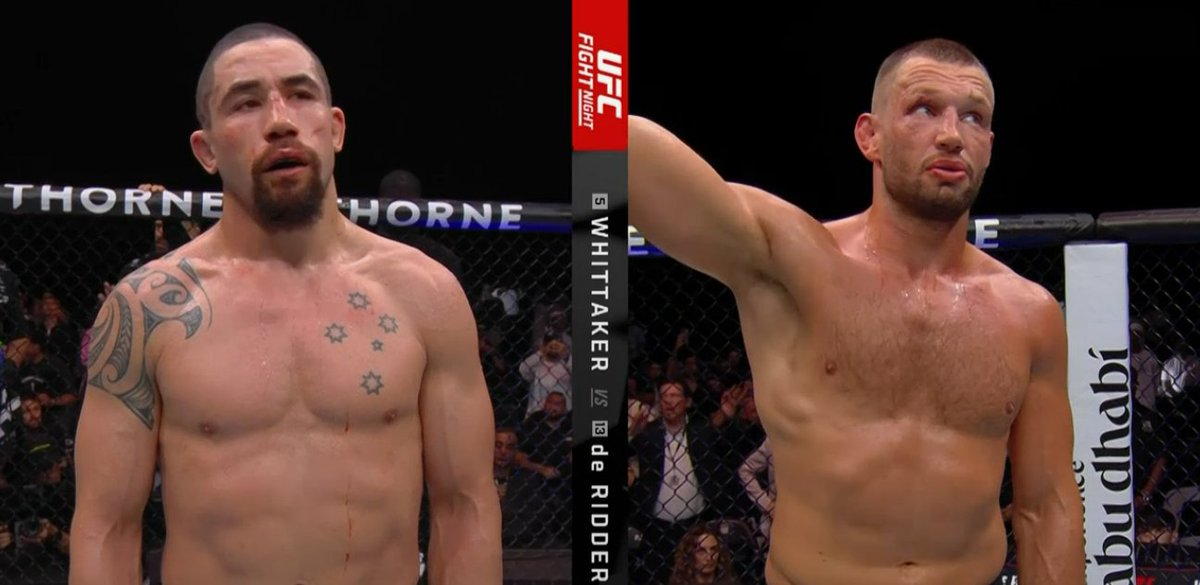 InTheCagePL's tweet image. Twardy klincz kontra precyzyjna stójka! 💥 Reinier de Ridder po mocnym pojedynku wygrywa z Robertem Whittakerem niejednogłośną decyzją! 🇳🇱🇦🇺
Opis walki: inthecage.pl/ufc-abu-dhabi-…