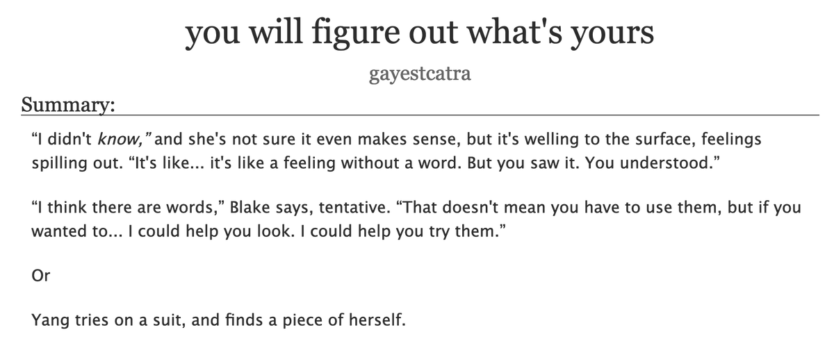 enby_etherian's tweet image. fic for #ButchYangWeek, day 6: Just Right: archiveofourown.org/works/68205411.
one more day to go!! loving this challenge sm. i hope people enjoy today's &lt;3
#RWBY #Bumbleby