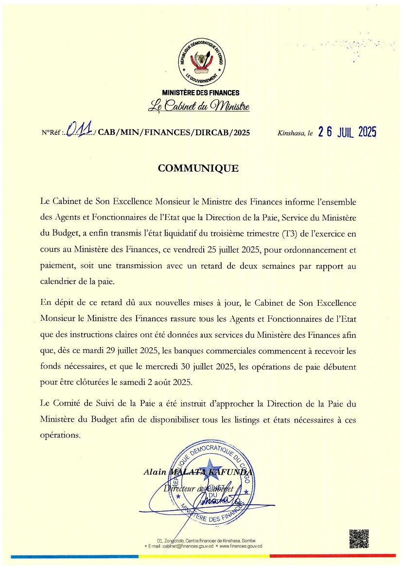 Le Cabinet de Son Excellence Monsieur le Ministre des Finances informe que la Direction de la Paie du Ministère du Budget a transmis, ce vendredi 25 juillet 2025, l’état liquidatif du troisième trimestre avec deux semaines de retard.
En dépit de ce décalage, le Cabinet de Son