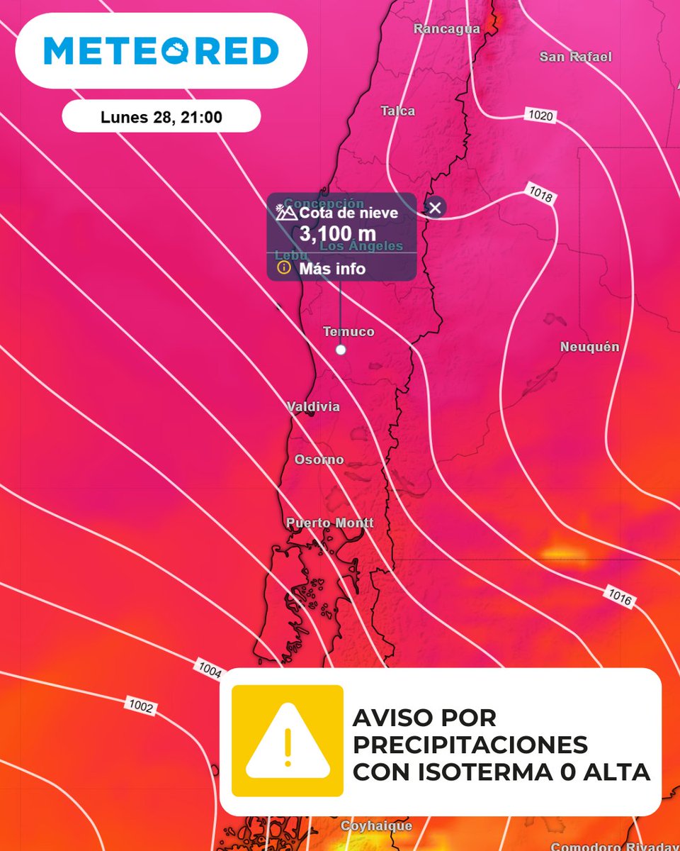meteoredcl's tweet image. 🌧️ Aviso #DMC: Lluvias con isoterma cero alta entre el lunes 28 y miércoles 30 de julio 🌡️
📍 Afecta: La Araucanía, Los Ríos y Los Lagos
📈 Acumulados: hasta 75 mm
⚠️ Riesgo de crecidas por lluvias sobre nieve
Nuestros mapas: 👉🏻 i.mtr.cool/csvfzlbybf