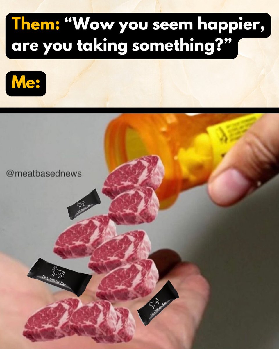 thecarnivorebar's tweet image. What are you taking?
Meat.
The original multivitamin—no prescription needed.
Packed with B12, iron, zinc, creatine, DHA, taurine, and complete protein.
Your ancestors took it daily.
#MeatIsMedicine #RealFoodFirst #NutrientDensity #carnivore #meatheals #notavegan
