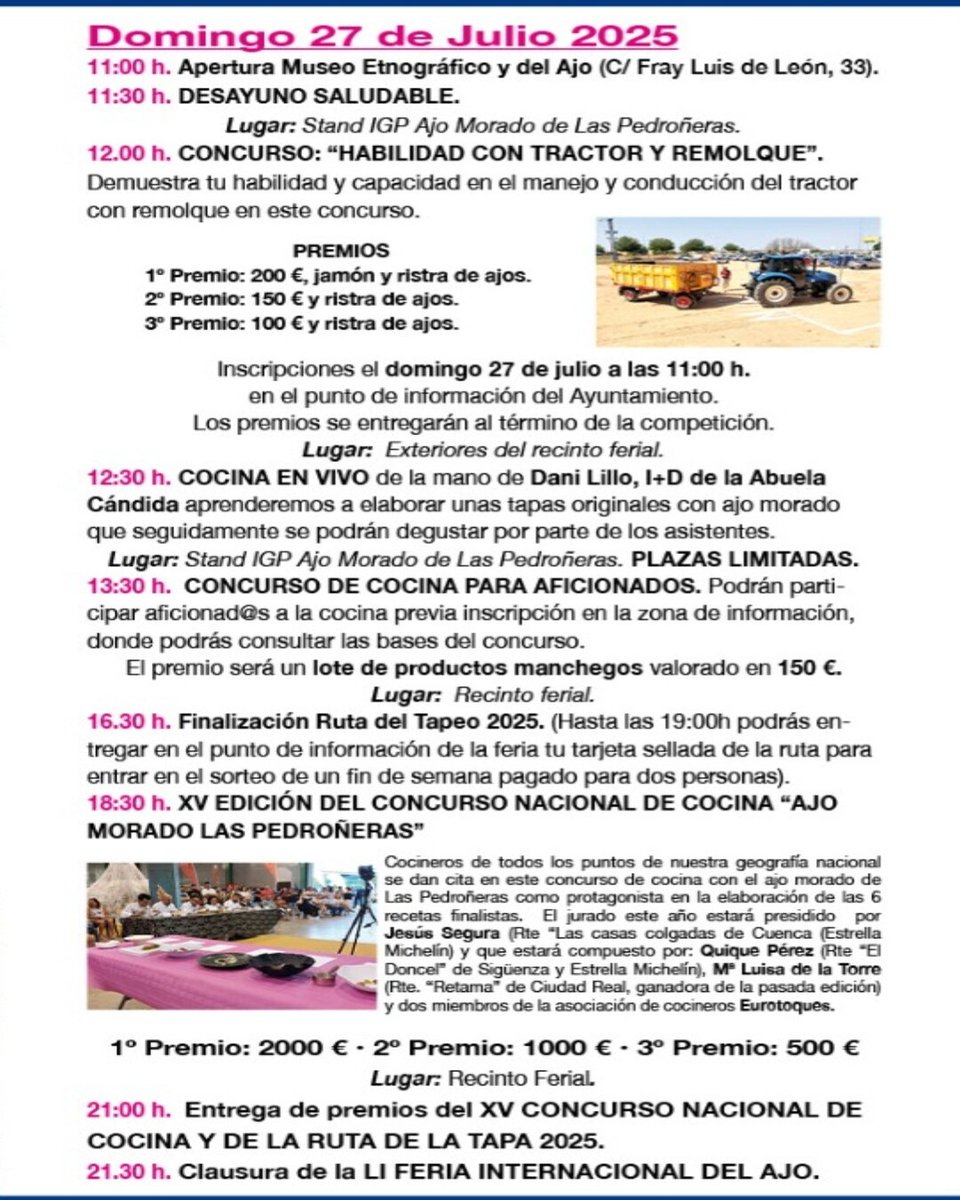 Tercera y última jornada mañana DOMINGO 27 DE JULIO de la Feria Internacional del Ajo de Las Pedroñeras y donde destaca el XV Concurso Nacional de Cocina 'Ajo Morado Las Pedroñeras', a las 18.30 horas. <a href="/APedroneras/">Ayto Las Pedroñeras</a> <a href="/PedronerasFIDA/">Feria Internacional del Ajo Las Pedroñeras</a> <a href="/igp_ajomorado/">IGP AJO MORADO</a>