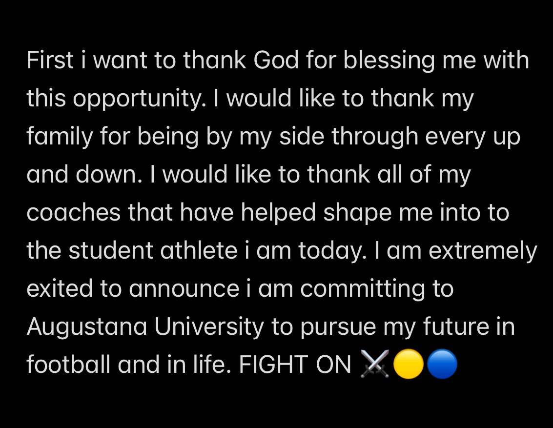 I am blessed to say that i am committing to Augustana University #FightOn 🔵🟡⚔️
<a href="/CoachBKearsley/">Brayden Kearsley</a> <a href="/CoachOJ_/">Jerry Olszewski</a> <a href="/AugieFB/">Augustana Football</a> <a href="/modle1112/">Michael Odle</a> <a href="/CoachO_JYD/">Meka Okafor</a> <a href="/Coach_Olla/">Nick Olla</a> <a href="/LHSFball/">Lewisville Football</a>