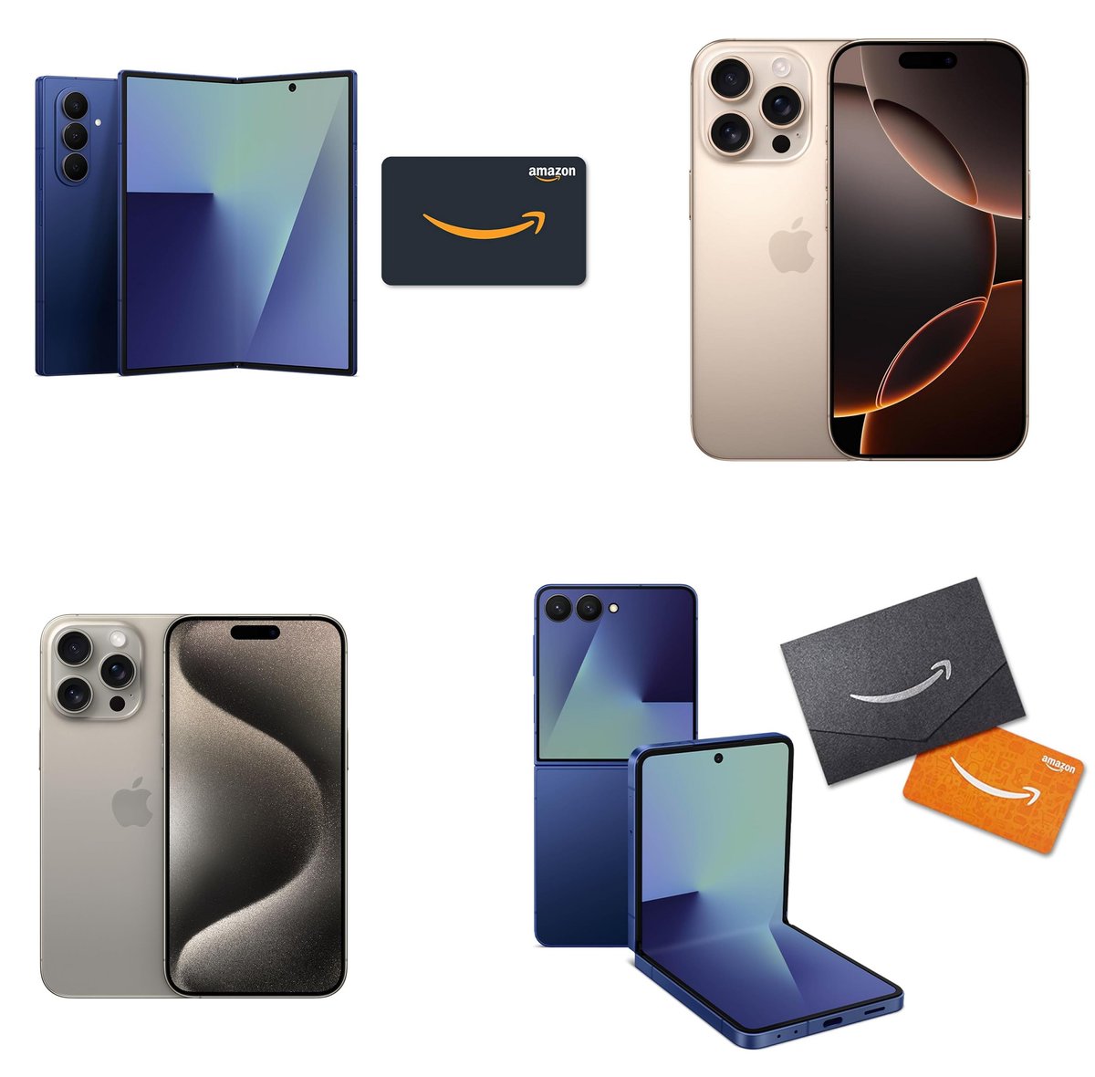 Top 5 Smartphones Deals 2025: amzn.to/4d4nhes (Ad)

Get a $200 Amazon Gift Card with Samsung Galaxy Z Fold7 Cell Phone, 256GB AI Smartphone, Unlocked Android, for $1,999.99

Apple iPhone 15 Pro Max, 256GB, Natural Titanium - Unlocked (Renewed Premium), for $799

Get a