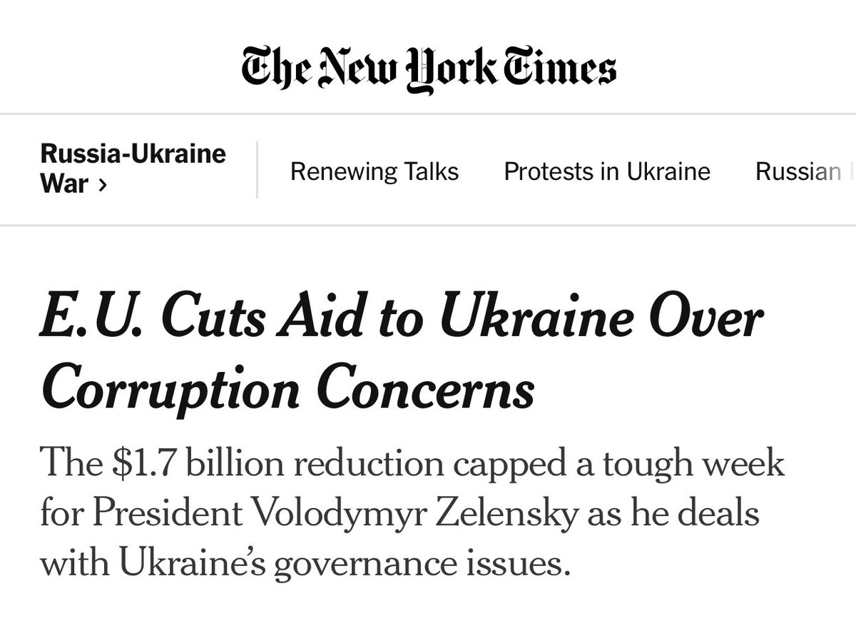 🚨 BREAKING: E.U. cuts $1.7B in aid to Ukraine over corruption concerns.