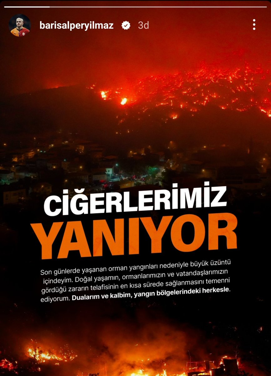 Barış Alper Yılmaz: "Son günlerde yaşanan orman yangınları nedeniyle büyük üzüntü içindeyim. Doğal yaşamın, ormanlarımızın ve vatandaşlarımızın gördüğü zararın telafisinin en kısa sürede sağlanmasını temenni ediyorum. Dualarım ve kalbim, yangın bölgelerindeki herkesle."