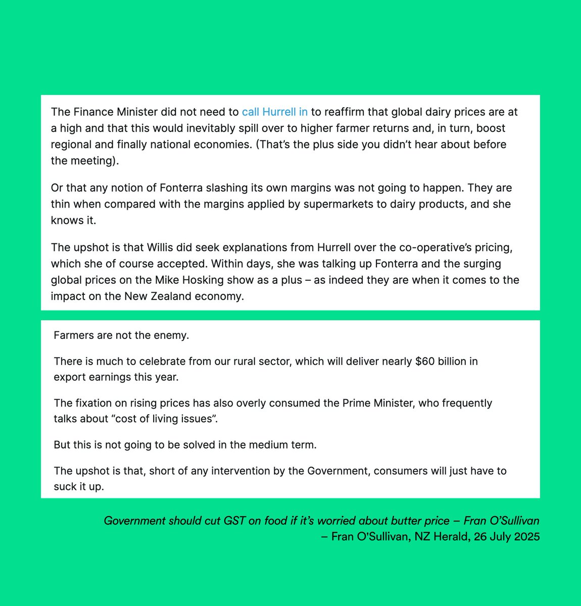 DailyIndgnation's tweet image. Spot the difference between NZME&apos;s Fran O&apos;Sullivan talking about Fonterra in 2008 (under Labour) vs today. 

She still floats the idea of removing GST, but now all mention of Fonterra&apos;s profits not trickling down, or taxpayers footing their bill, or their pollution, are excised.