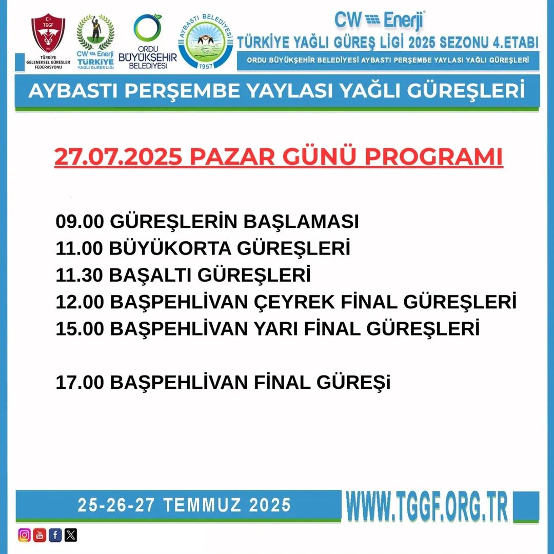 baspehlivanlar's tweet image. 📅 CW Enerji Türkiye Yağlı Güreş Ligi – 4. Etap
🏔️ 917. Aybastı Perşembe Yaylası Ordulu Mustafa Yağlı Güreşleri
📌 PAZAR PROGRAMI
🗓️ 27 Temmuz 2025 | Pazar
🕙 Saat 12.00'den itibaren Başpehlivanlar çayıra çıkıyor!
📺 Canlı Yayın: TRT Spor Yıldız – 11:55’ten itibaren ekranlarda!