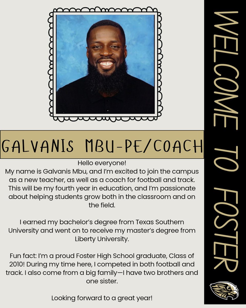 FosterHSNews's tweet image. Welcome back to the Nest, Galvanis Mbu! He is a Foster Graduate coming back to Coach! @CoachGMbu