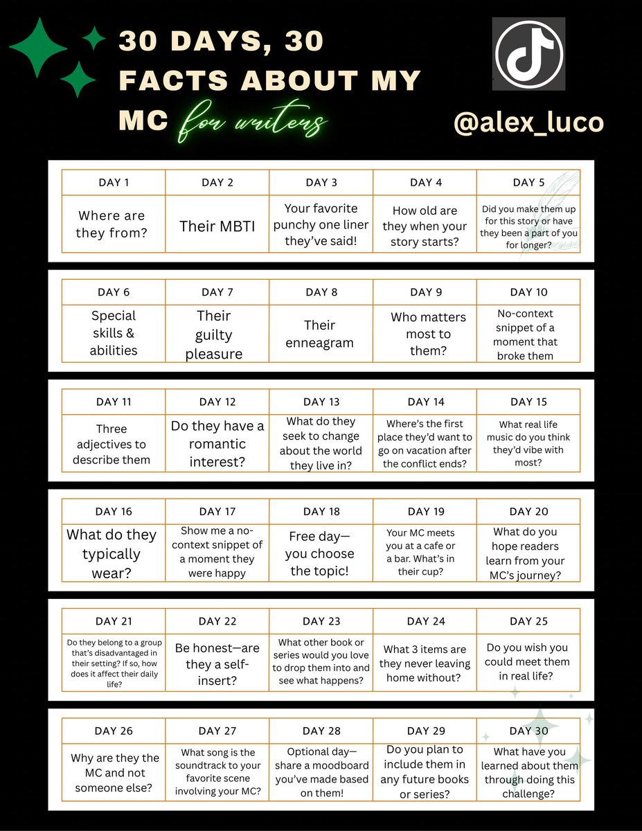 AlexLuco_'s tweet image. Made this fun little 30 day main character challenge for writers! 📚 All are welcome to grab this & use it!
Going to be doing my own over on TikTok if you want to follow along.
And please tag me if you do use it—I’d love to learn more about your MC! 🥰