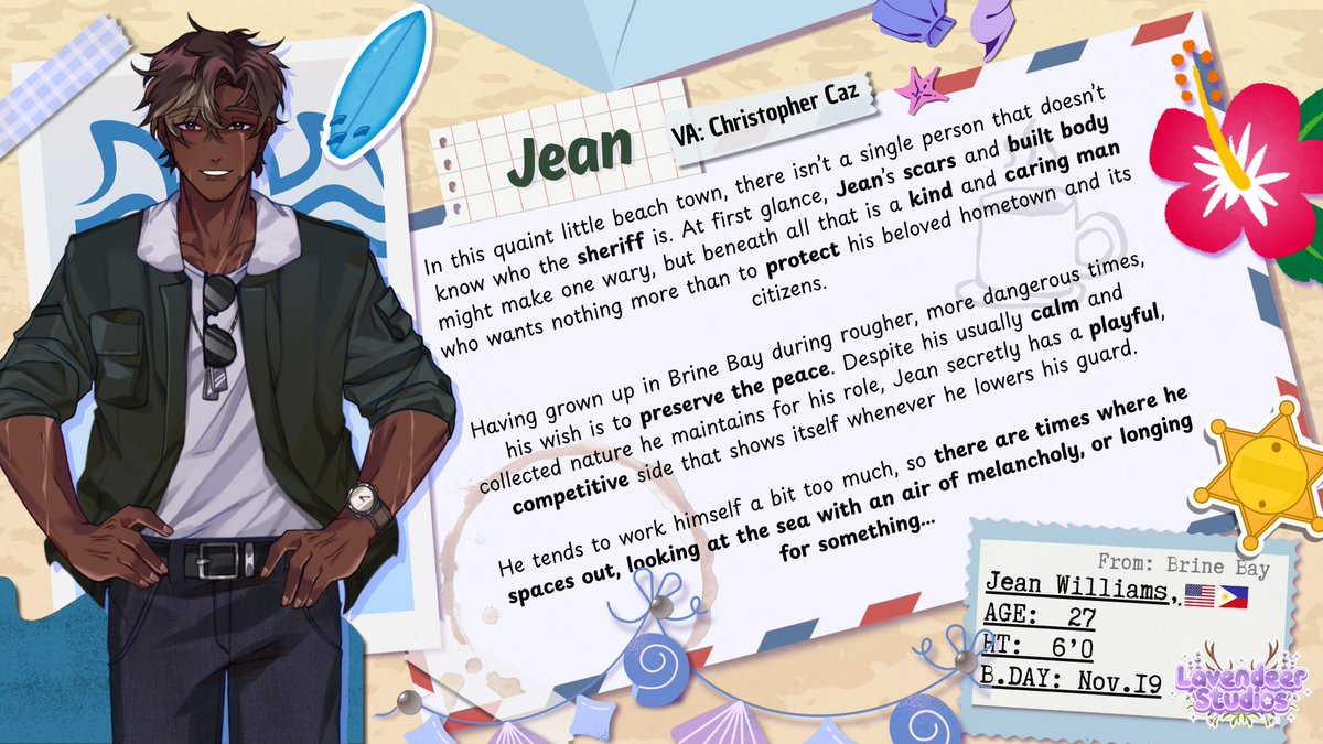 LavendeerStudio's tweet image. 🌊Character Introduction ☕️
Meet Jean, Brine Bay’s well-loved sheriff. Known for his strength and steady hand, he’s the kind of person the whole town trusts, and for good reason!
He rarely slows down, but when he does, you’ll find him quiet, thoughtful, and maybe a little…