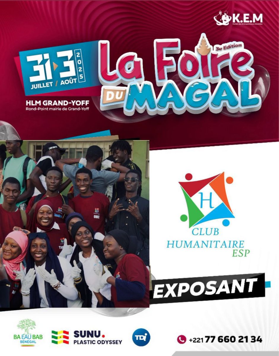 🎉Le club humanitaire sera présent lors de la foire du Magal !
Nous vous invitons à faire un tour à notre stand (86) : chaque visite compte ❤️
Tous les fonds récoltés seront reversés à des œuvres caritatives.
Votre passage peut faire la différence. On vous y attend nombreux !✨✨
