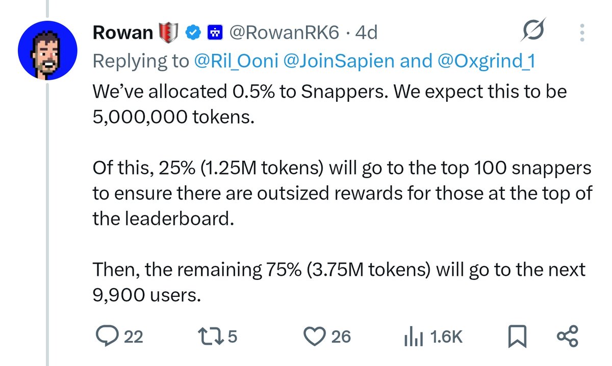 1PleasureB's tweet image. The TOKENOMICS of @JoinSapien is live with 1B TS.
This now lead us back to what Rowan replied 4 days ago, should we expect Lambo?
Let's keep grinding and get the rest of the Sapien Snaps