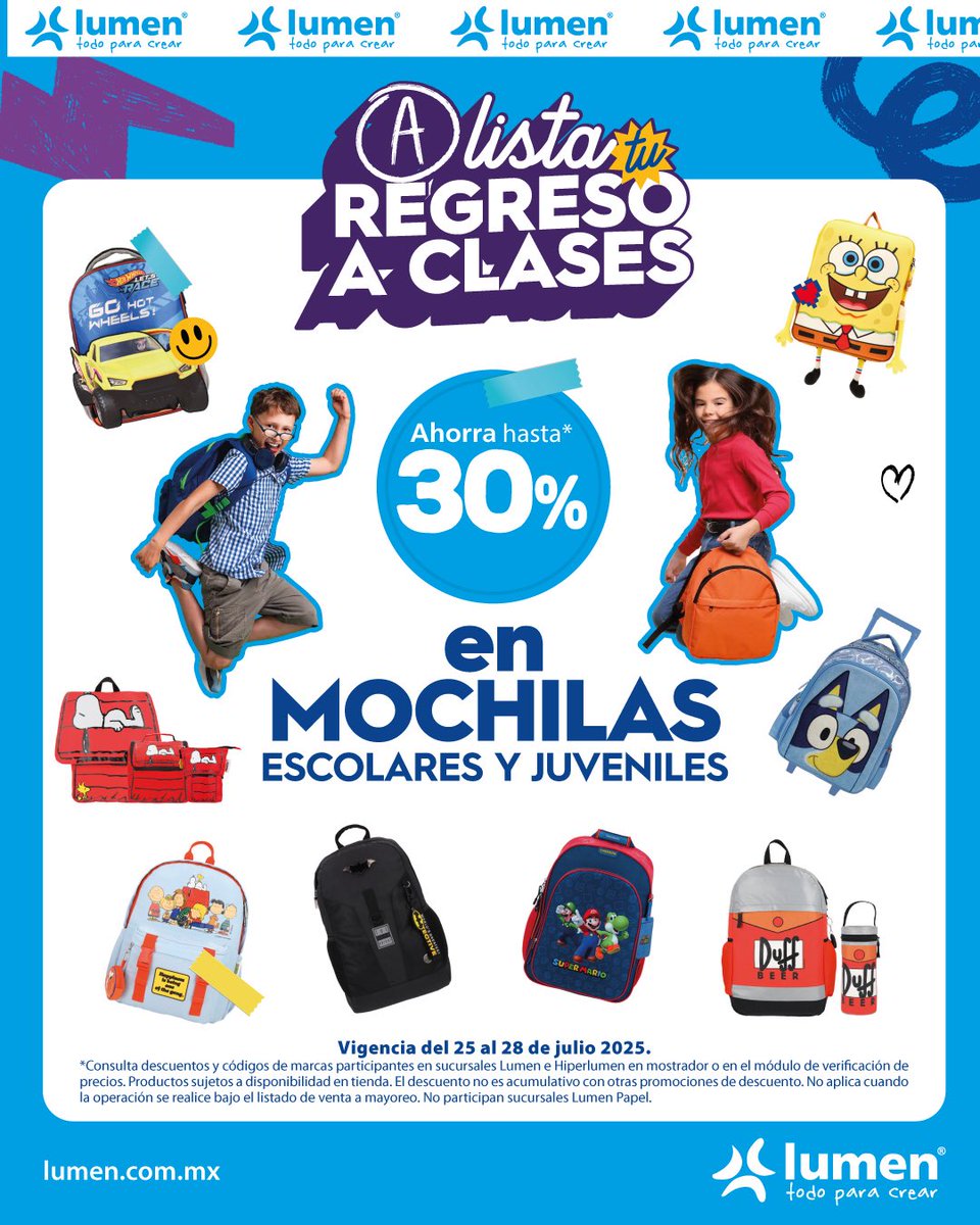 🎒✨ ¡Alista tu regreso a clases con estilo!

En Lumen tenemos hasta un 30% de descuento en mochilas escolares y juveniles 🧒👧
Tenemos mochilas de tus personajes favoritos y con diseños increíbles para arrancar el ciclo con todo 💥

🗓️ Vigencia del 25 al 28 de julio 2025