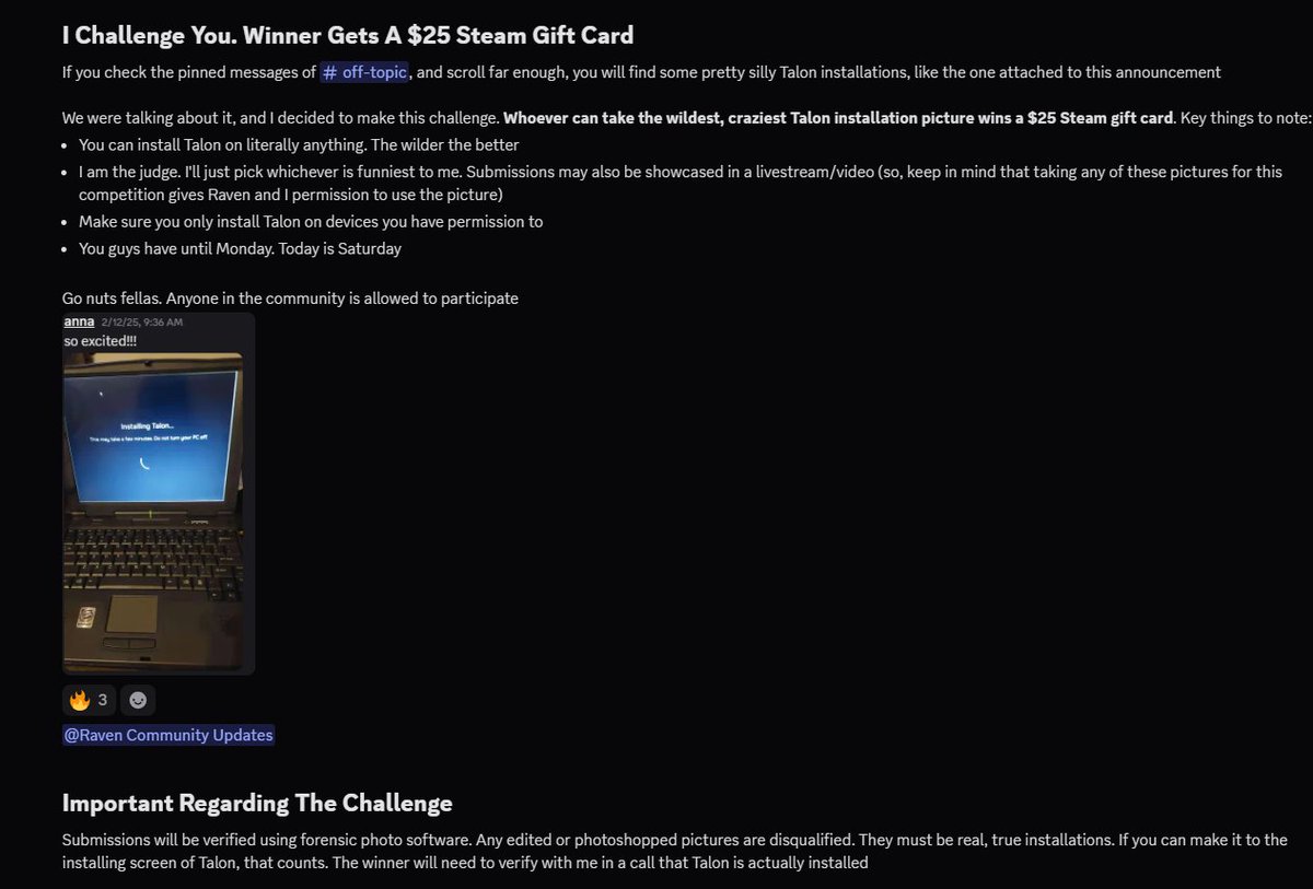 TotallyNotK0's tweet image. I challenged the community to send me photos of the craziest, wildest Talon installations. Winner gets a $25 Steam gift card
If you want to participate, read the announcement (in the screenshot), and join our Discord:
discord.com/invite/H7gdjZj…