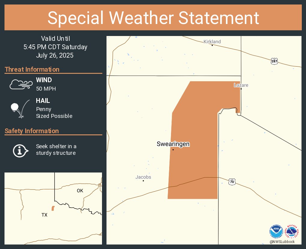 NWSLubbock's tweet image. A special weather statement has been issued for Swearingen TX until 5:45 PM CDT