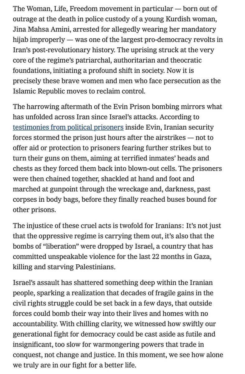 "...the picture is now clear: Iranians are still caught between a ruthless regime that extinguishes life under the hollow claim of protecting a revolution and foreign powers that drop missiles on innocent people under the treacherous guise of liberation."