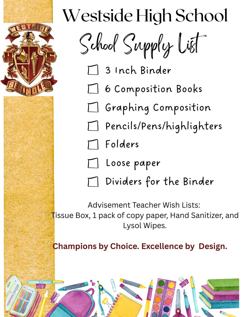 WHS_Seminoles's tweet image. Westside DRESS CODE &amp;amp; SUPPLY LIST for 2025-2026 &amp;gt;&amp;gt; please have a look at this important information for the upcoming school year.
#Built4Bibb #WestsideWinsEveryDay #WestsidePride #BackToSchool