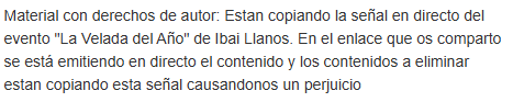 100 canales con AUDIO la VELADA de fondo y me banean a mi xd..

Quizás no debí ver un fragmento del resubido de una pelea a youtube, pero pensaba que resubido a youtube si se podia.

Dunno, en principio 48H porque llevo 12 años sin infringir ni una sola norma...