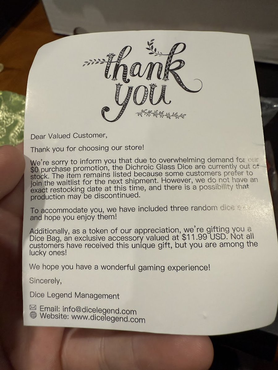 ShanghaiSix's tweet image. Maaaaaaaaaaaaaaay have been scammed a smidge by the folks over at Dice Legend (hey, no social media, that's a sign).
But I had to try, the "store going out of business, just pay shipping and handling" was too good to not try.