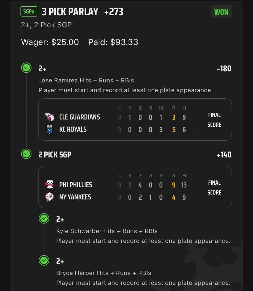 SJP954's tweet image. Nice HRR parlay DUB for the HOLLA FAM ya love to see it 👀 let’s keep it going huh⁉️ #MLB⚾️
Get a 🆓 TRIAL~ dubclub.win/r/p/pri-4dk9j/ of my TOP PLAYS
