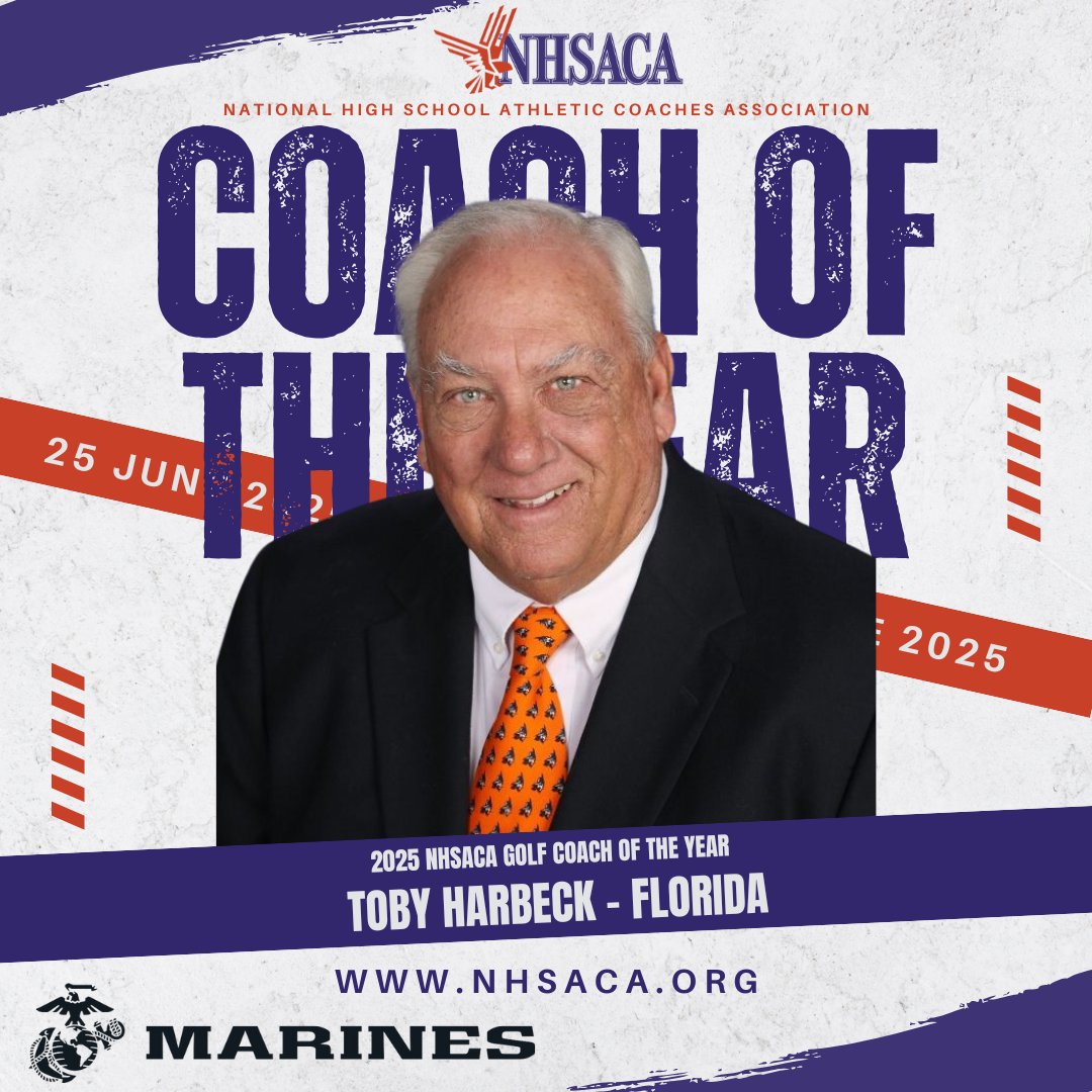 PocketAD_'s tweet photo. Congratulations to Coach Toby Harbeck on being named the 2025 NHSACA National Golf ⛳️ Coach of the Year, presented by the U.S. Marine Corps @USMC 🇺🇸 Your commitment to excellence, sportsmanship, & precision has set a gold standard on and off the course.
Well earned, Coach! @FACACoach #CoachOfTheYear #NHSACA2025 #GolfCoach
