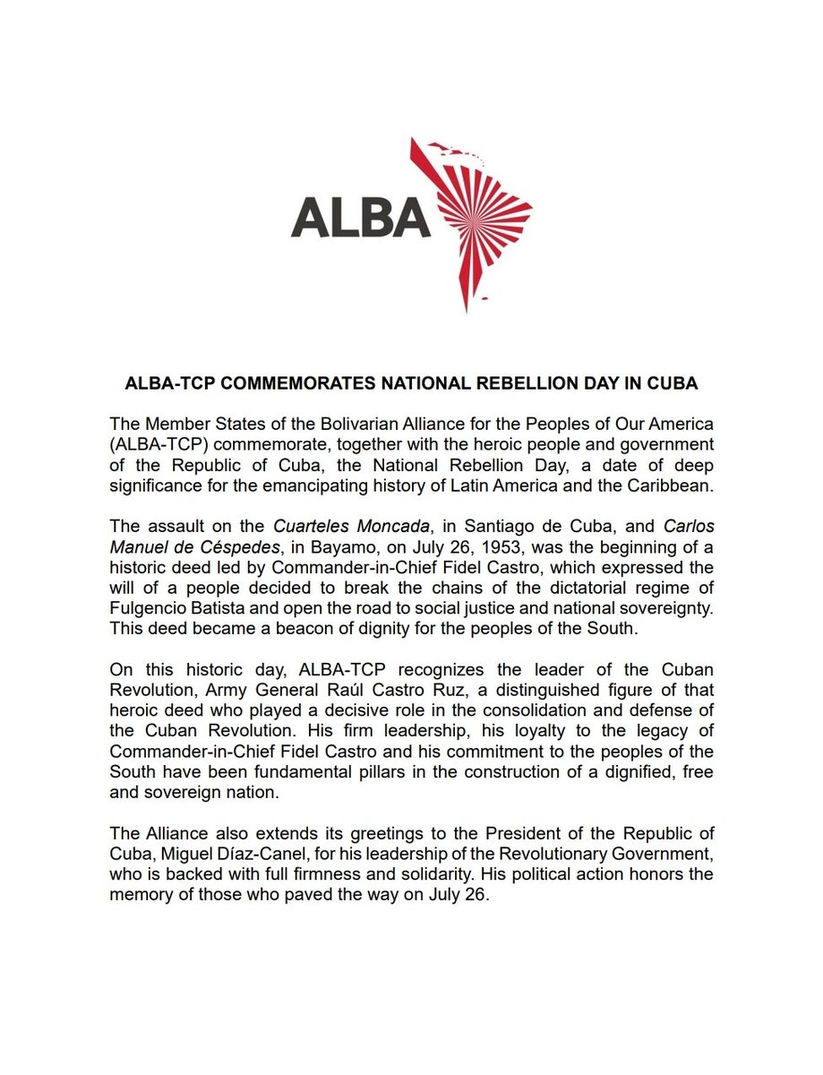 ALBATCP's tweet image. #Communiqué | ALBA commemorates National Rebellion Day in Cuba
The Member States of the Bolivarian Alliance for the Peoples of Our America (ALBA) commemorate, together with the heroic people and government of the Republic of Cuba, the National Rebellion Day, a date of deep…