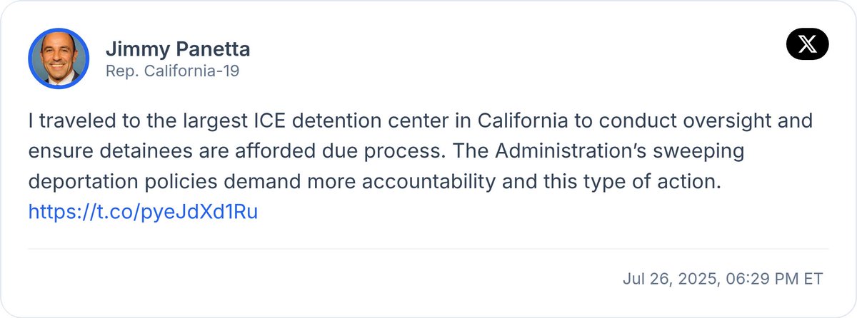 CivicTracker's tweet image. Rep. Jimmy Panetta visits California's largest ICE detention center, calls for more accountability in deportation policies and emphasizes the need for detainees' due process.