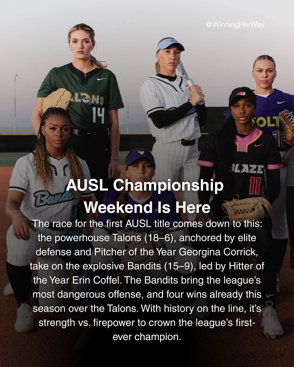 Winningherway's tweet image. The AUSL Championship Weekend is here and it’s the Talons vs. the Bandits for the crown. 

Who takes the first-ever title? 🏆 

#AUSL #ProSoftball #WomensSports #TalonsVsBandits #ShePlays #SoftballChampionship #SoftballElite #MakeHistory #WomenInSports #winningherway