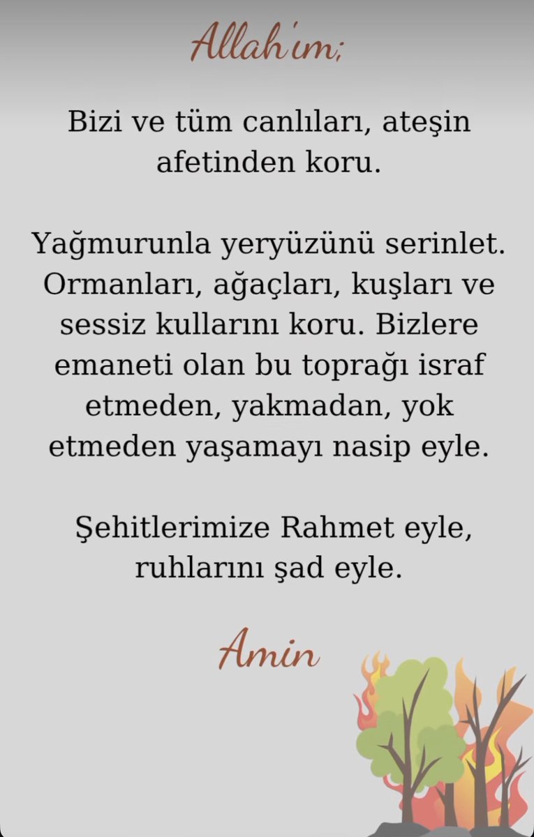 Orman Yangınları ile canla başla mücadele eden tüm kardeşlerimizin Allah yardımcısı olsun. Kolaylıklar versin. Yangınlarda bir an önce söndürülsün ve bir tek canlının dahi canı yanmasın İnşaallah….#dua #ormanyangını