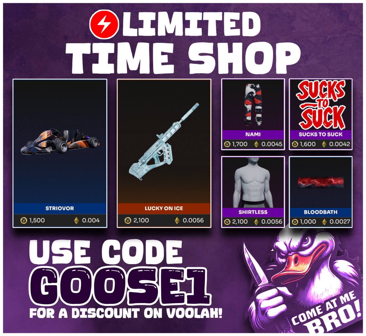 0x_Goose's tweet image. ⚡️ New Limited Time Shop..                                            
Code [GOOSE1] for a discount on Voolah!
@KOMPETEgame