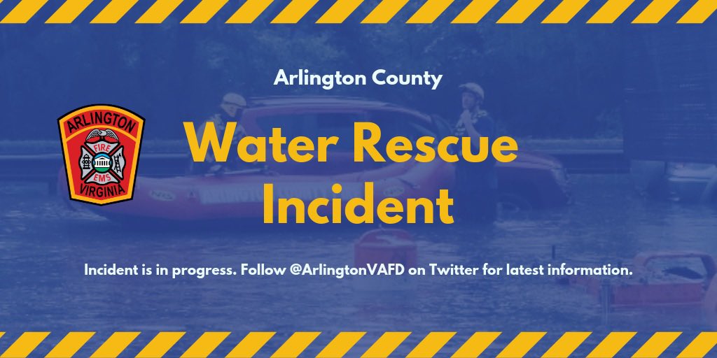 ArlingtonVaFD's tweet image. Breaking: A vehicle attempting to cross a bridge with water running over it was swept into the creek behind Lubber Run Park. Five occupants were safety removed from the vehicle. No injuries to firefighters or occupants. Please do not attempt to cross moving water!