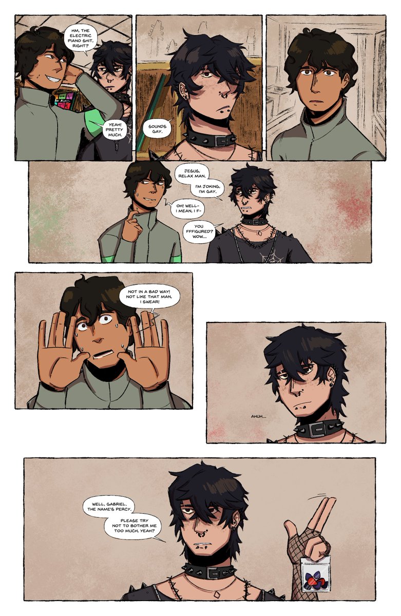 tinnisart's tweet image. Oh my God I forgot to post this when I finished it like half a year ago.
TOO CLOSE, little test comic ft Gabe and Percy
Art by me and words by @Kipocin !!
